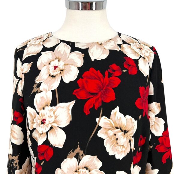CeCe Floral Long Sleeve Shift Dress Bell Cuff Sleeve Black Red White Size 6 - Picture 3 of 11